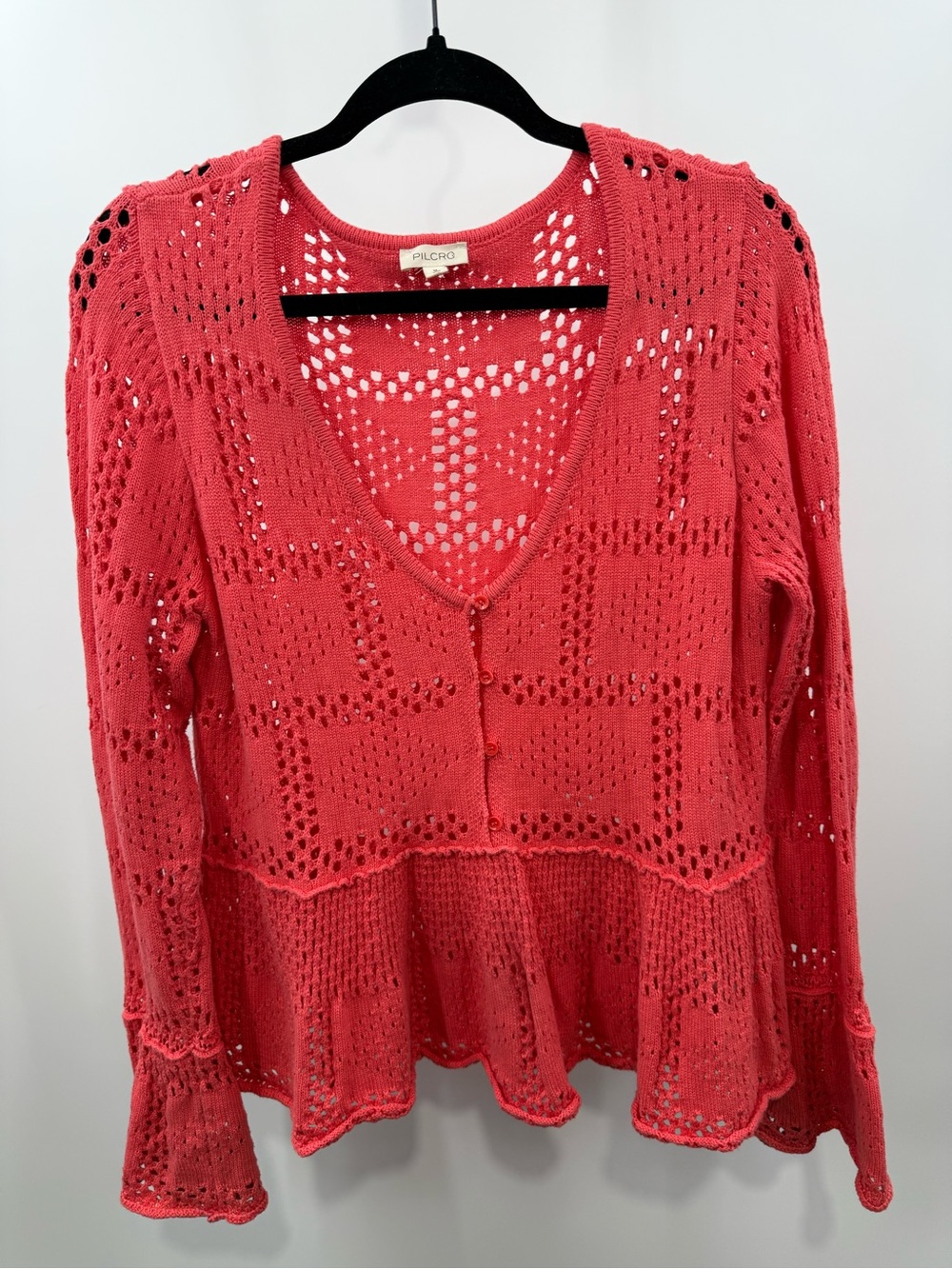 Pilcro Anthropologie Coral Pink Pointelle Peplum Cardigan Sweater Size Medium